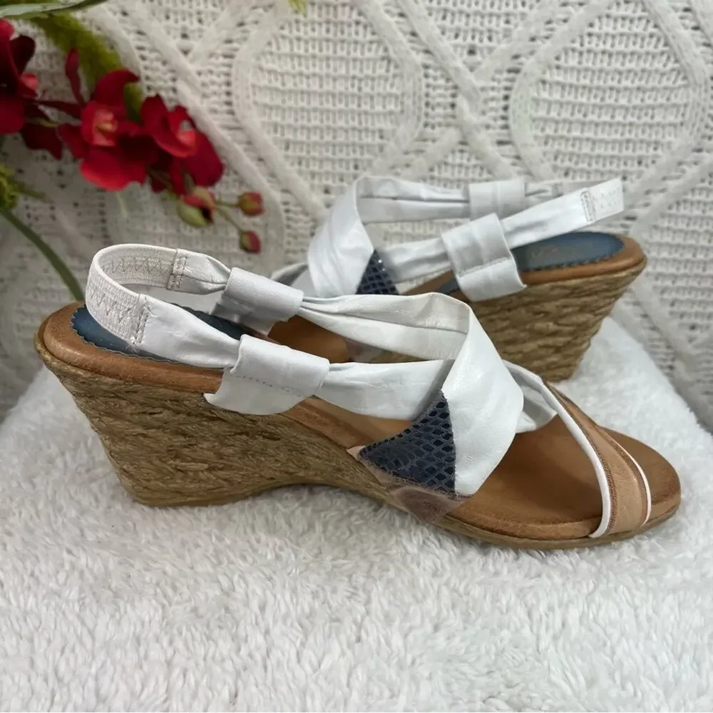 AZURA White Tan Patchwork Strap Wedge Criss-Cross Strap Leather Sandals‎ Sz 8/39